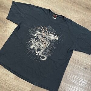 Y2K Miami Ink Dragon Tee Shirt Men Size XL Black Faded Grunge Cyber Short Sleeve